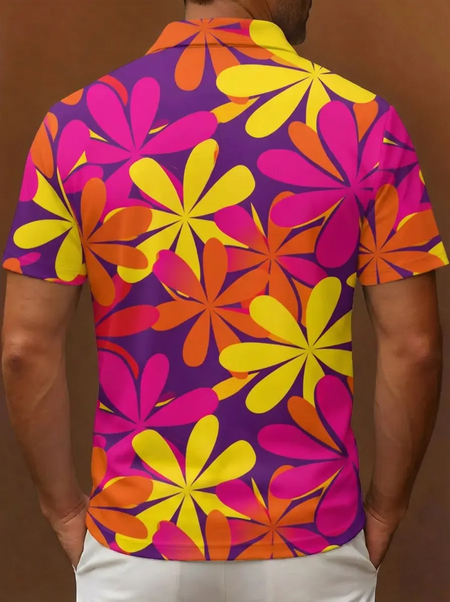 Purple Pink Yellow Orange Floral Pattern Button Short Sleeve Golf Polo Shirt