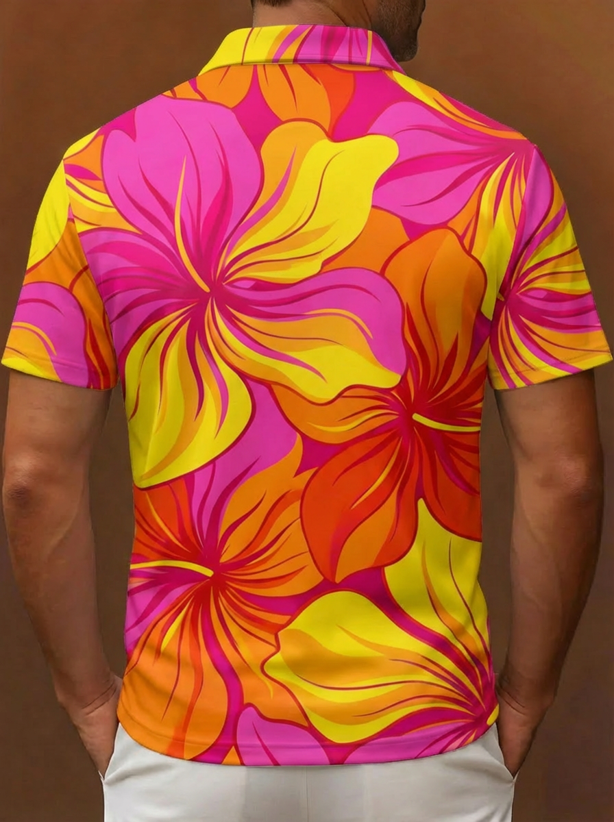 Moisture-wicking Tropical Hibiscus Flower Pattern Button Short Sleeve Golf Polo Shirt