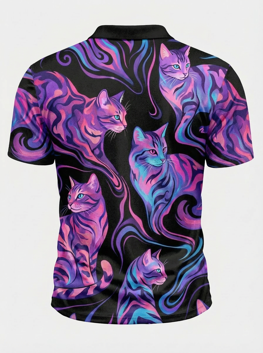 Moisture-wicking Black 3D Purple Blue Pink Flame Cat Pattern Button Short Sleeve Golf Polo Shirt