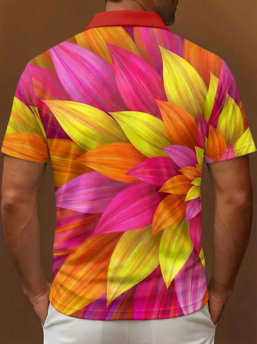 Red Orange Yellow Pink Gradient Floral Pattern Button Short Sleeve Golf Polo Shirt