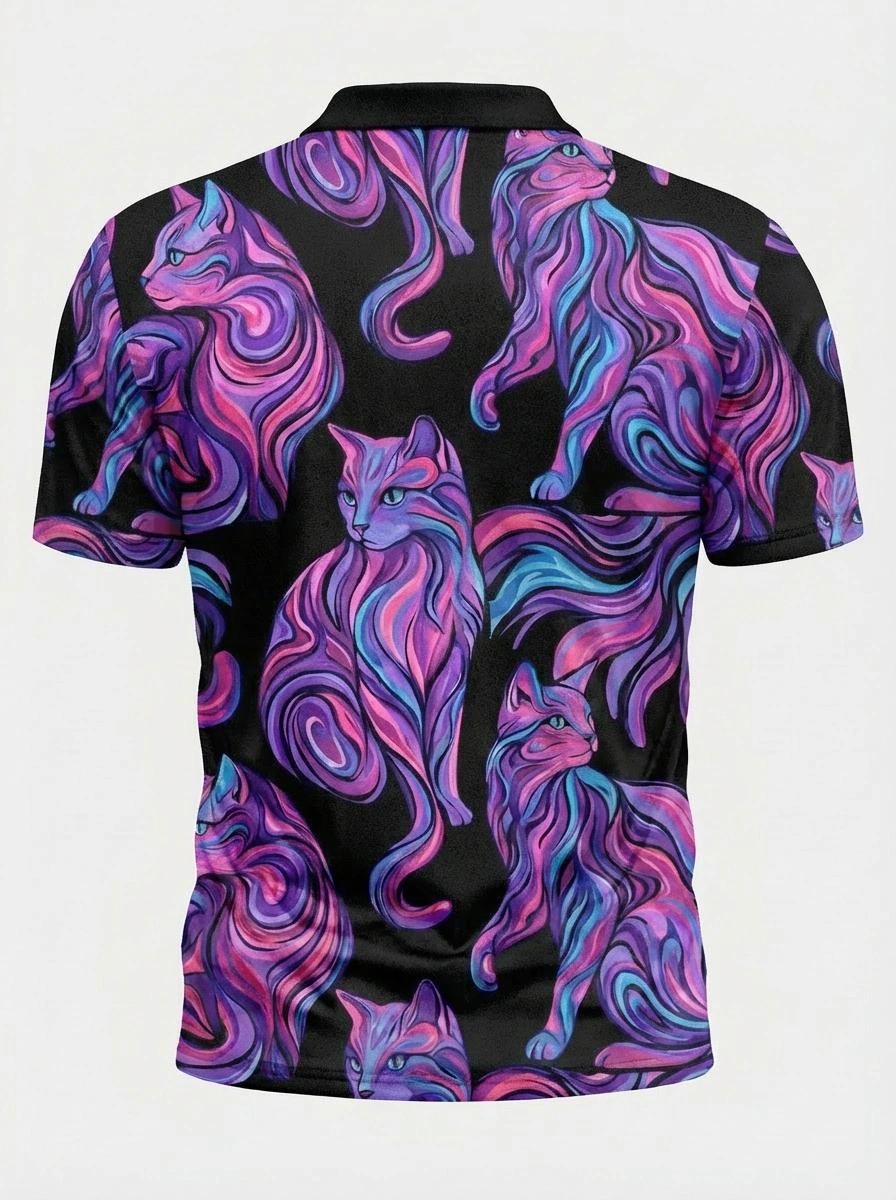 Moisture-wicking Black 3D Purple Blue Pink Artistic Cat Pattern Button Short Sleeve Golf Polo Shirt