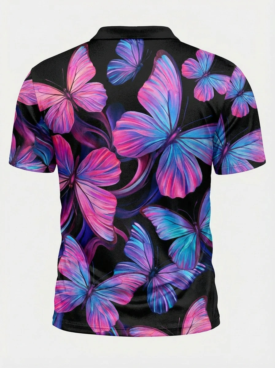 Moisture-wicking Black 3D Pink Blue Butterfly Pattern Button Short Sleeve Golf Polo Shirt