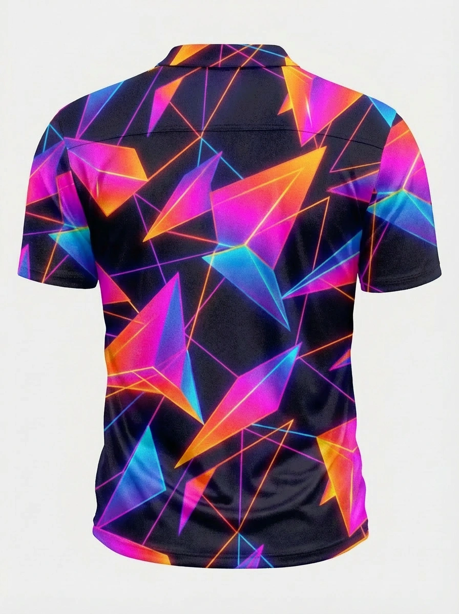 Moisture-wicking 3D Black Neon Triangle Pattern Button Short Sleeve Golf Polo Shirt