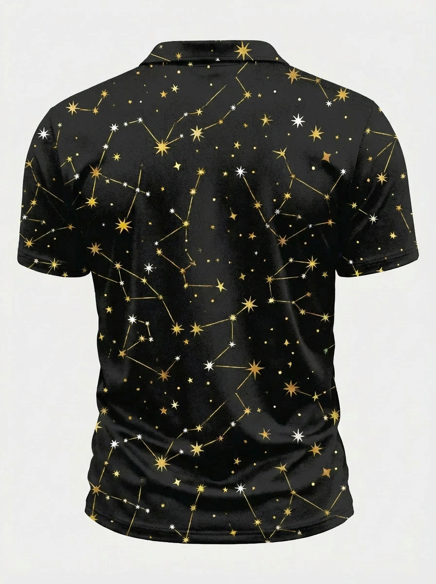 Moisture-wicking 3D Black Gold Constellation Pattern Button Short Sleeve Golf Polo ShirtPolo Shirt