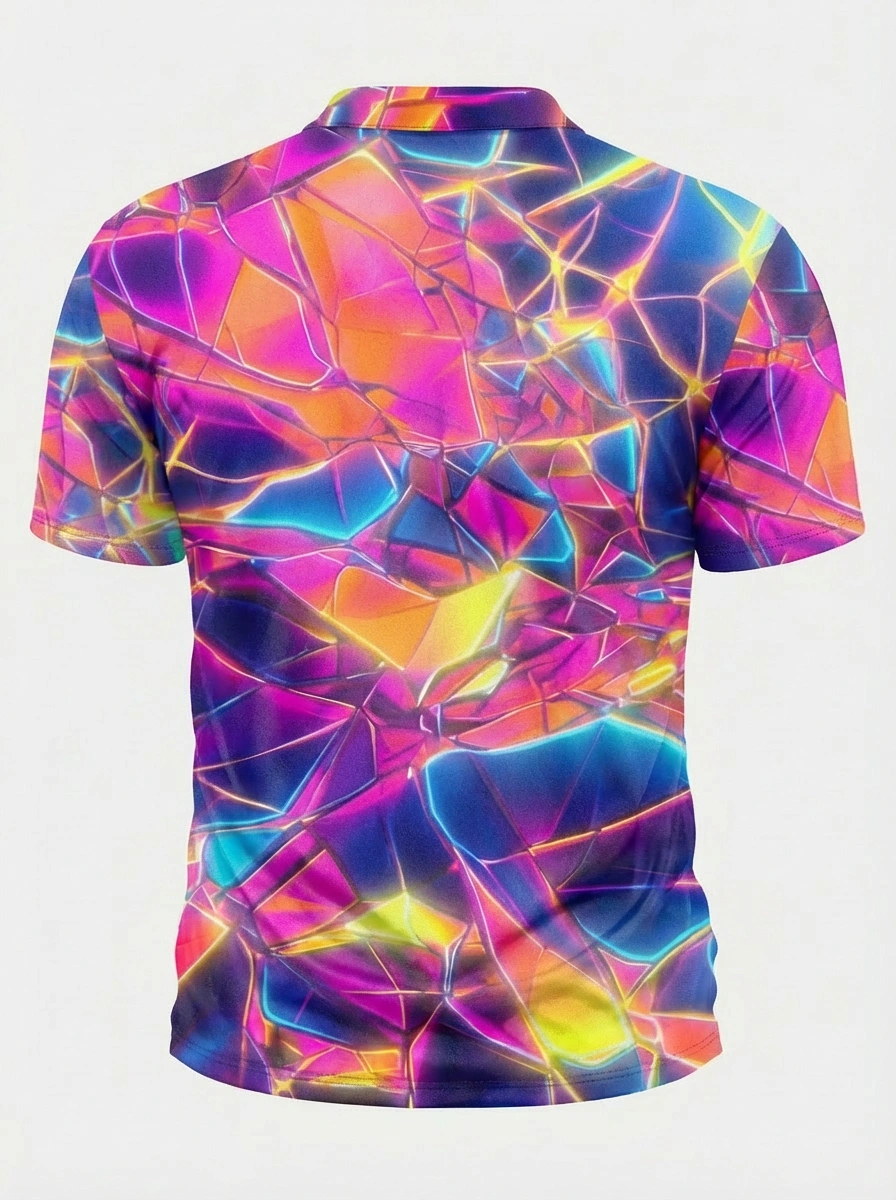 Moisture-wicking 3D Neon Broken Geometric Pattern Button Short Sleeve Golf Polo Shirt