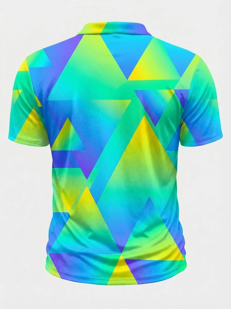 Moisture-wicking 3D Blue Green Yellow Gradient Geometric Triangle Pattern Button Short Sleeve Golf Polo Shirt