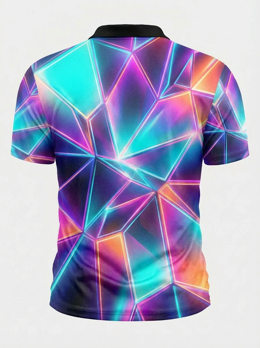 Moisture-wicking 3D Neon Geometric Pattern Button Short Sleeve Golf Polo Shirt