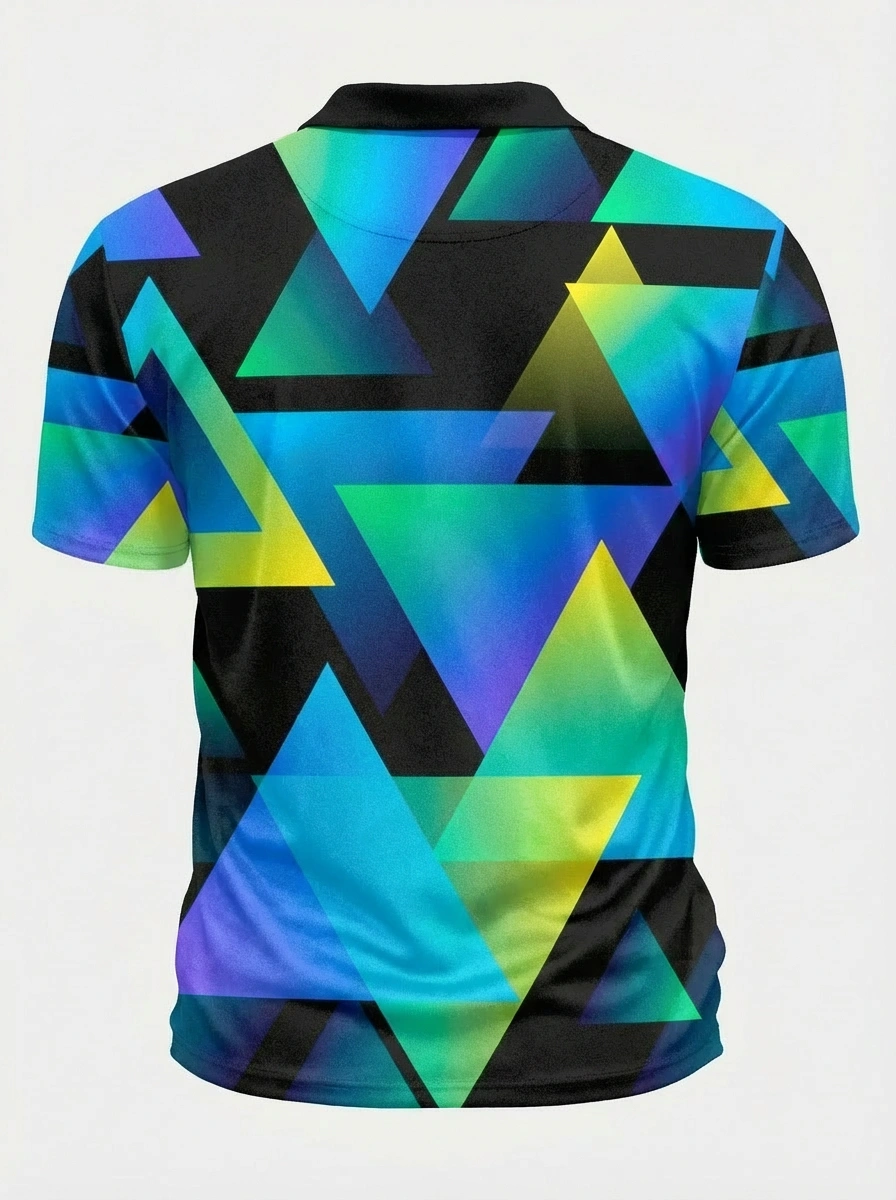 Moisture-wicking 3D Black Blue Green Yellow Gradient Triangle Pattern Button Short Sleeve Golf Polo Shirt