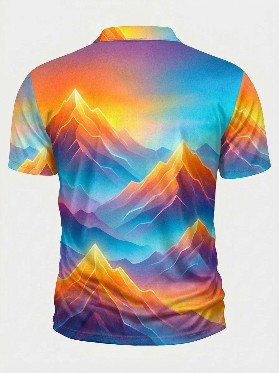 Moisture-wicking 3D Gradient Mountain Pattern Button Short Sleeve Golf Polo Shirt