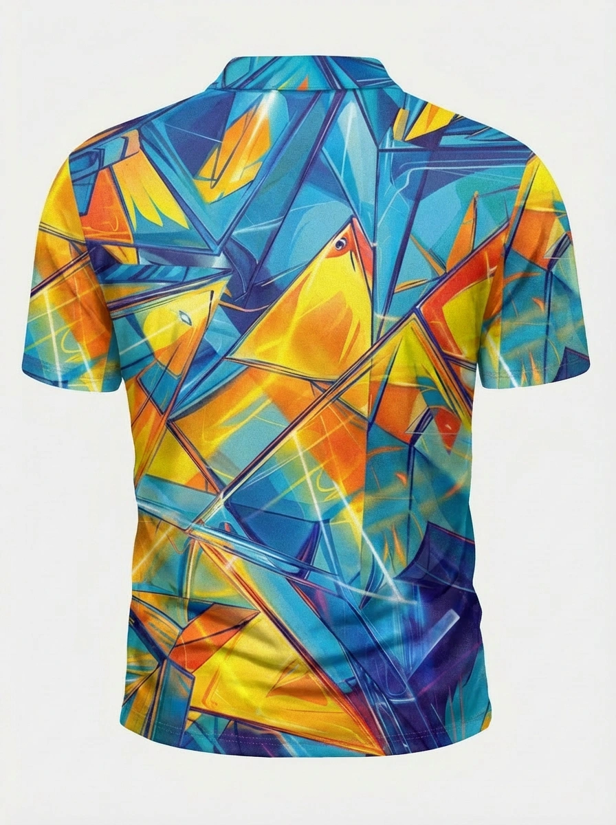 Moisture-wicking 3D Blue Yellow Orange Geometric Pattern Button Short Sleeve Golf Polo Shirt