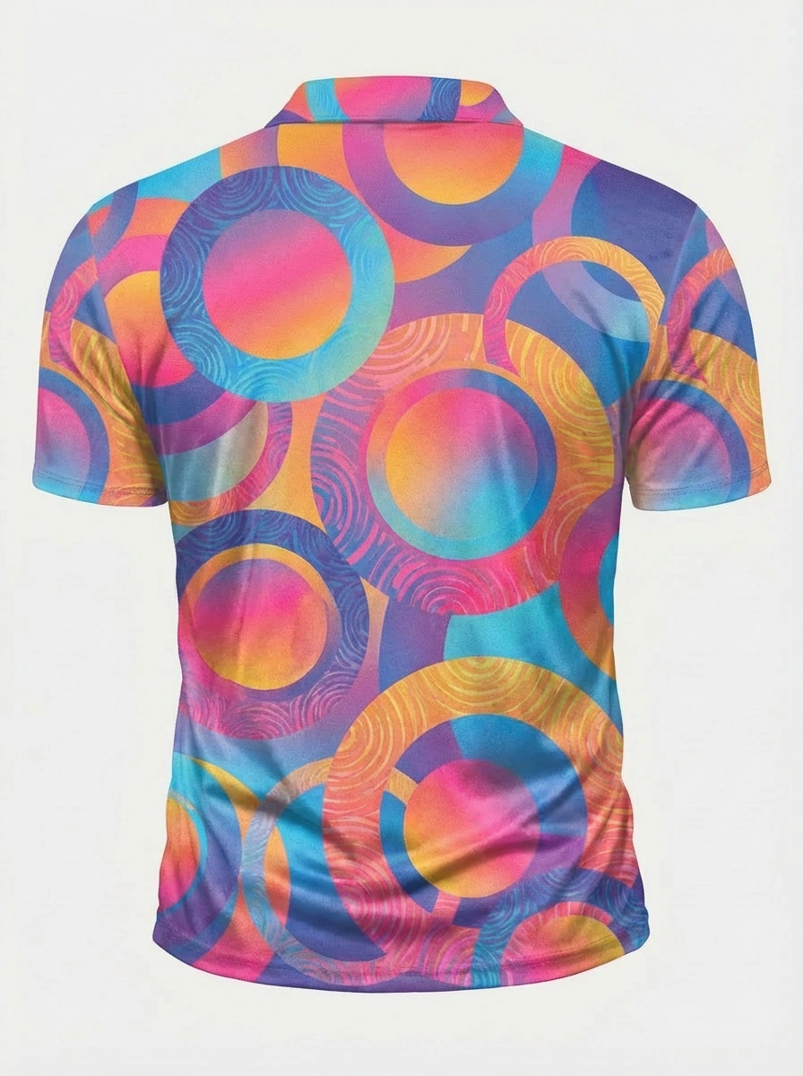Moisture-wicking 3D Pink Blue Orange Gradient Circle Pattern Button Short Sleeve Golf Polo Shirt