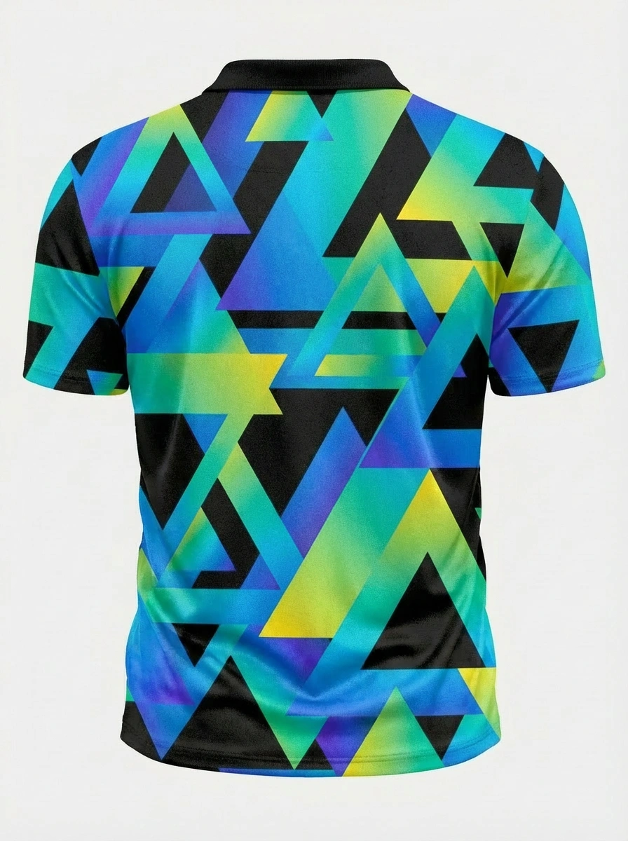 Moisture-wicking 3D Black Blue Green Yellow Gradient Triangle Pattern Button Short Sleeve Golf Polo Shirt