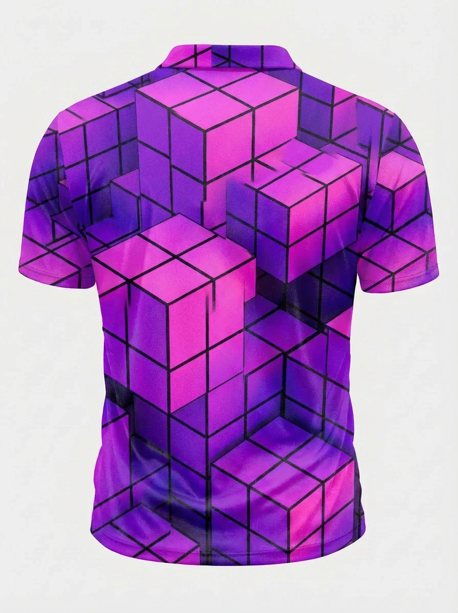 Moisture-wicking 3D Purple Pink Gradient Cube Pattern Button Short Sleeve Golf Polo Shirt