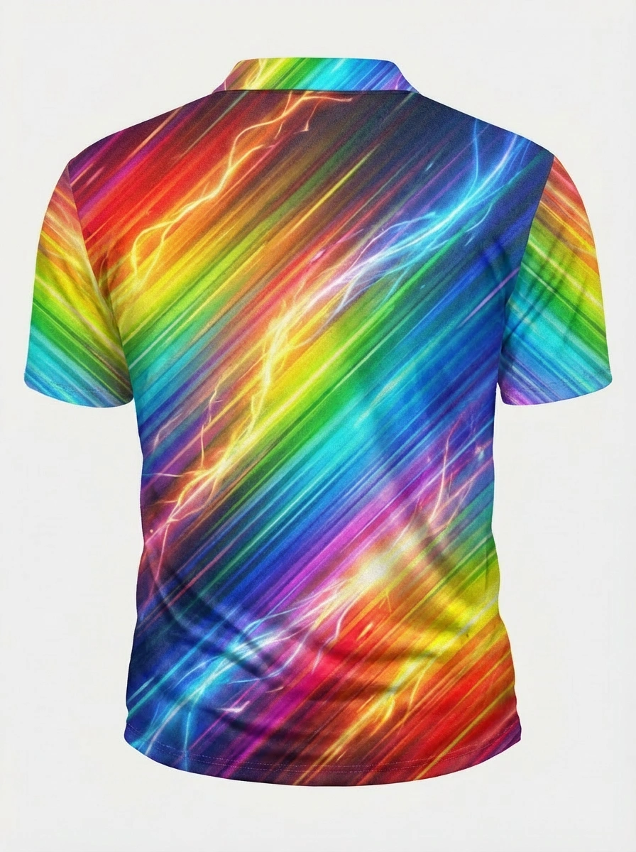 Moisture-wicking 3D Rainbow Lightning Pattern Button Short Sleeve Golf Polo Shirt