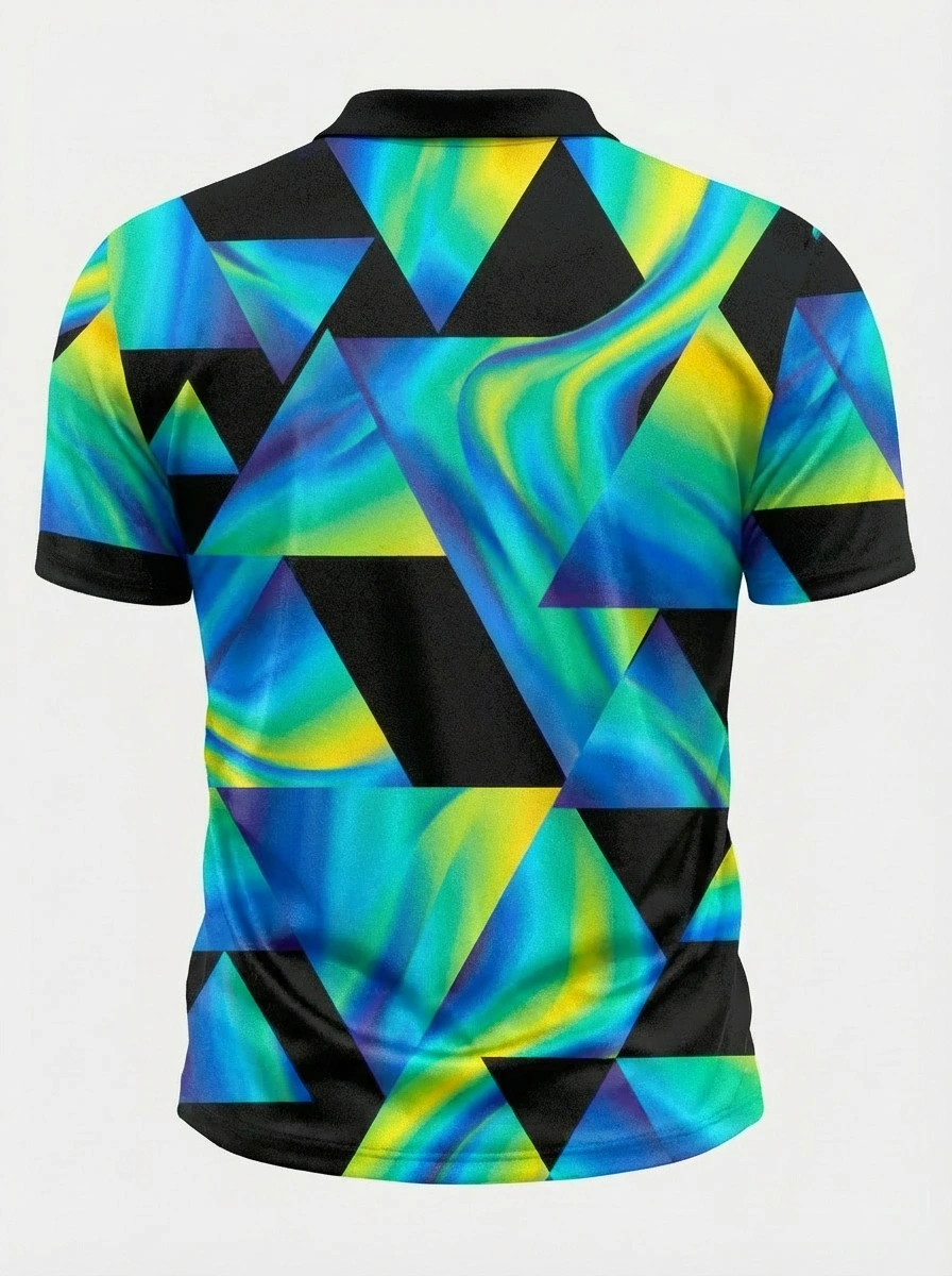 Moisture-wicking 3D Black Blue Green Yellow Geometric Triangle Pattern Button Short Sleeve Golf Polo Shirt