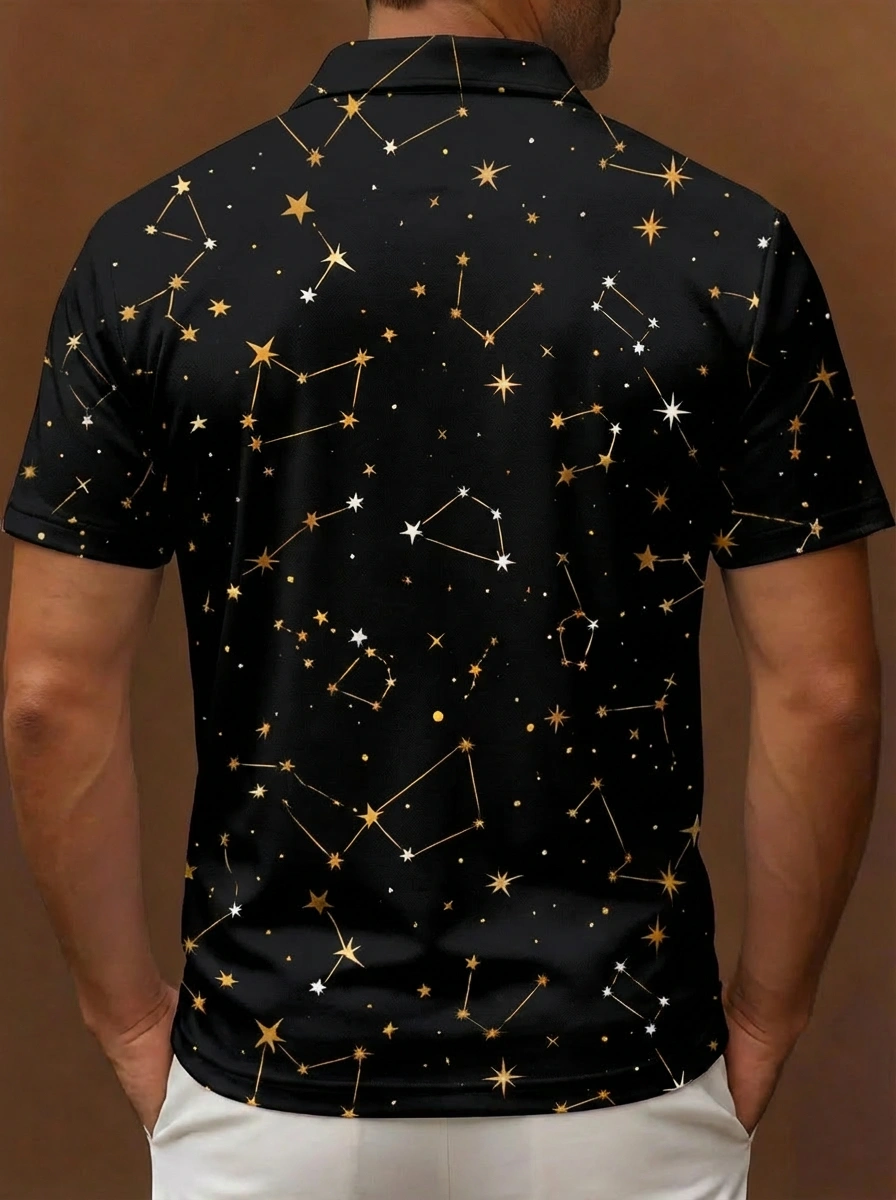 Black Gold White Zodiac Constellation Pattern Button Short Sleeve Golf Polo Shirt