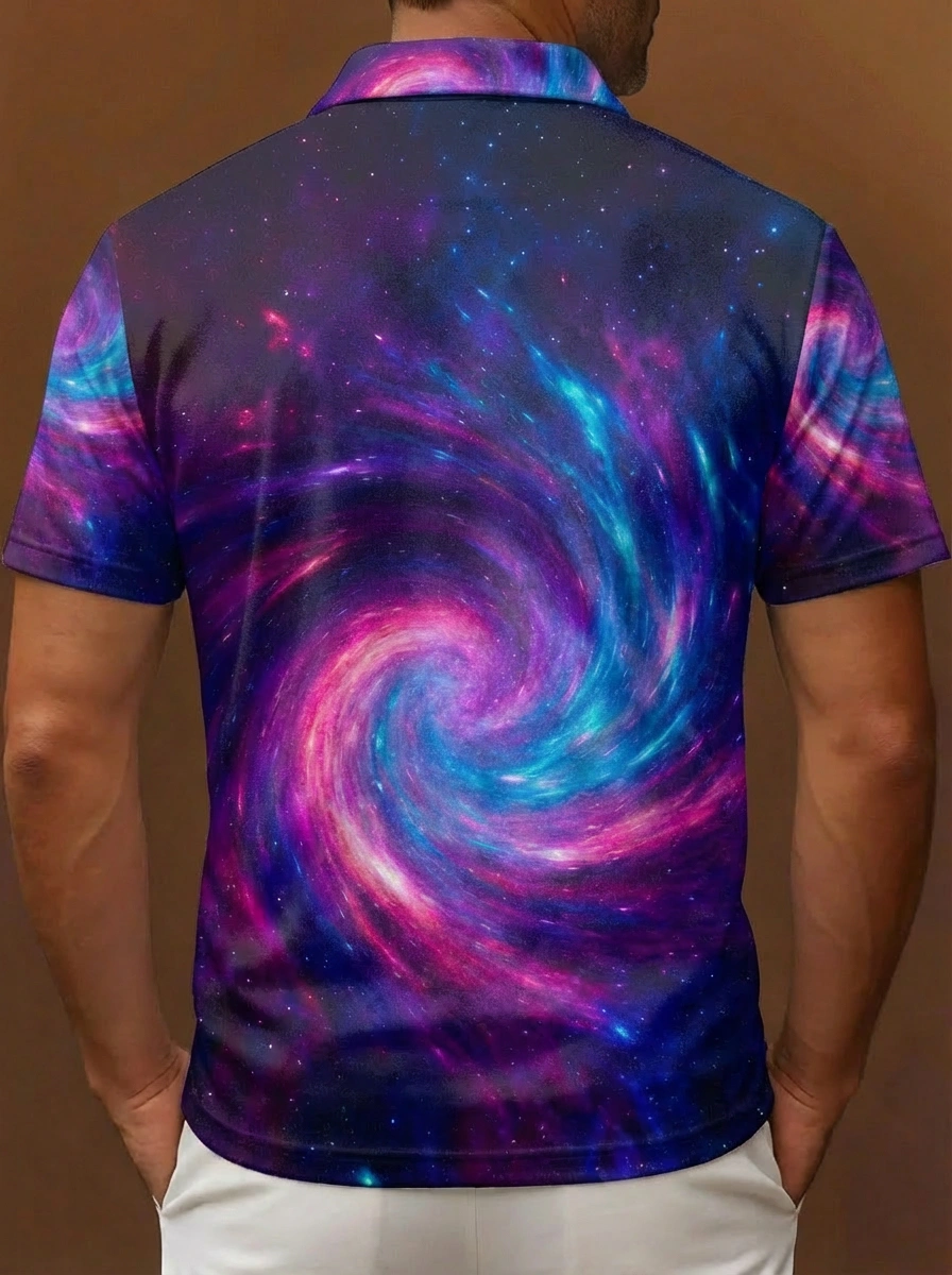 Purple Pink Blue Galaxy Swirl Pattern Button Short Sleeve Golf Polo Shirt