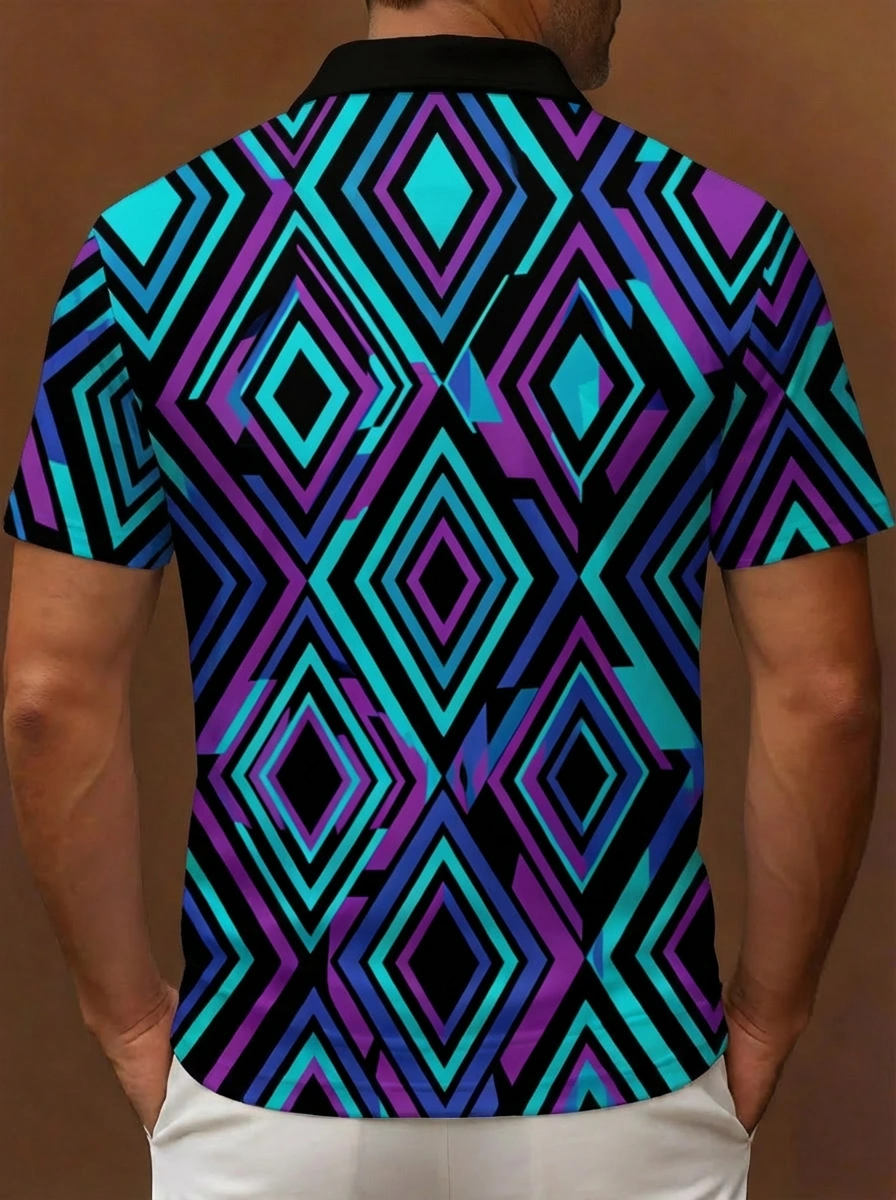 Black Purple Turquoise Gradient Diamond Pattern Button Short Sleeve Golf Polo Shirt