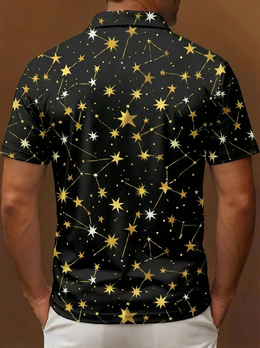 Black Gold White Star Constellation Pattern Button Short Sleeve Golf Polo Shirt