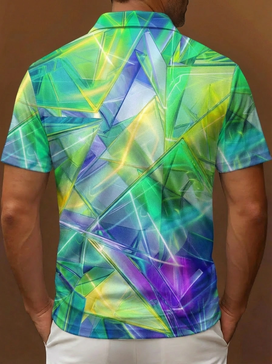 Green Blue Yellow Geometric Crystal Pattern Button Short Sleeve Golf Polo Shirt