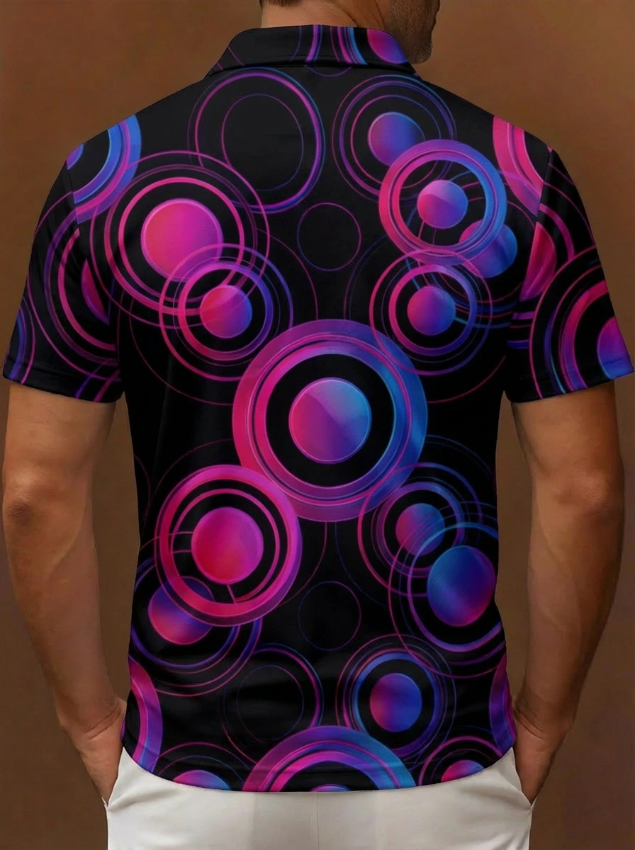 Black Pink Purple Circle Pattern Button Short Sleeve Golf Polo Shirt