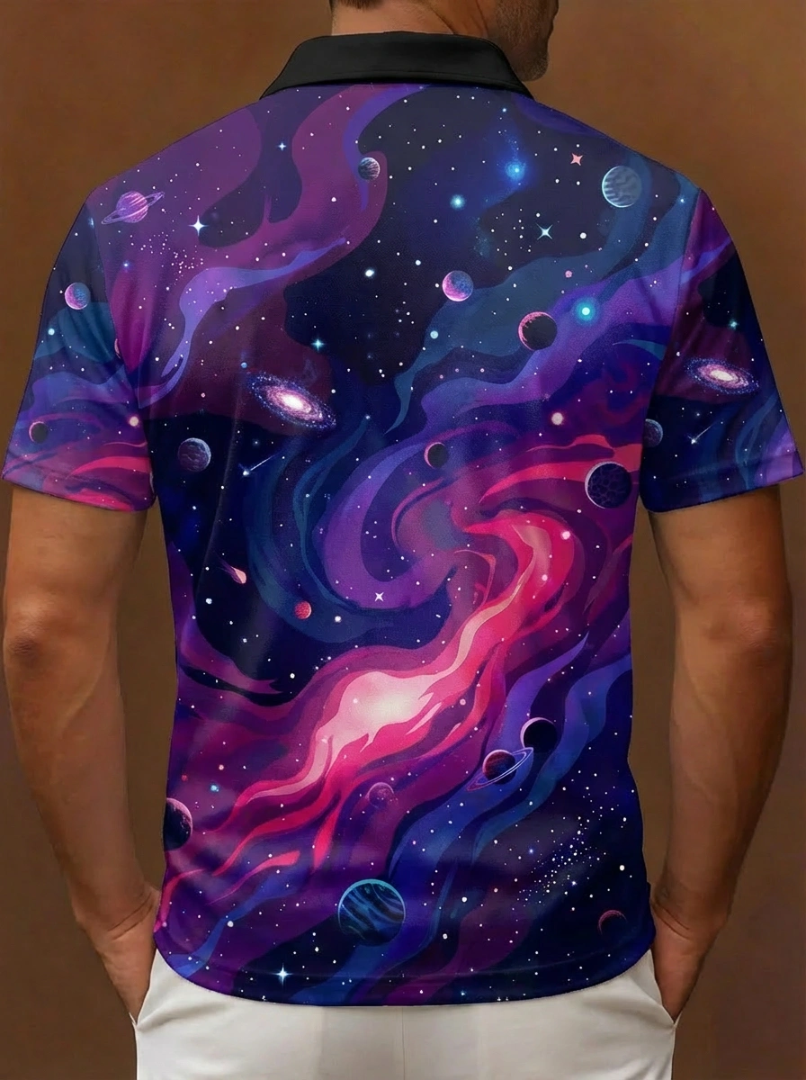 Navy Purple Pink Space Planet Pattern Button Short Sleeve Golf Polo Shirtirt