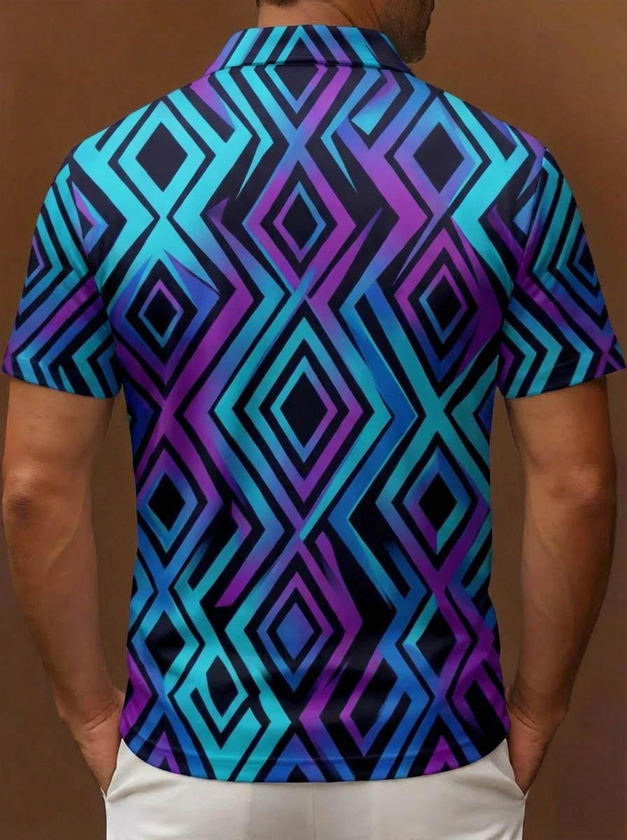Blue Purple Turquoise Gradient Geometric Pattern Button Short Sleeve Golf Polo Shirt