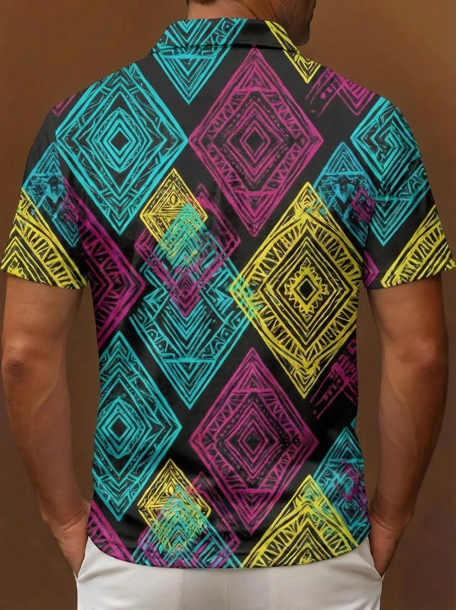 Black Turquoise Pink Yellow Tribal Diamond Pattern Button Short Sleeve Golf Polo Shirt