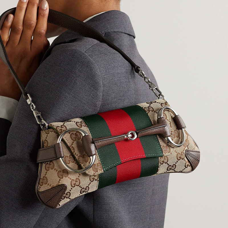 Horsebit embellished webbing-trimmed canvas-jacquard tote