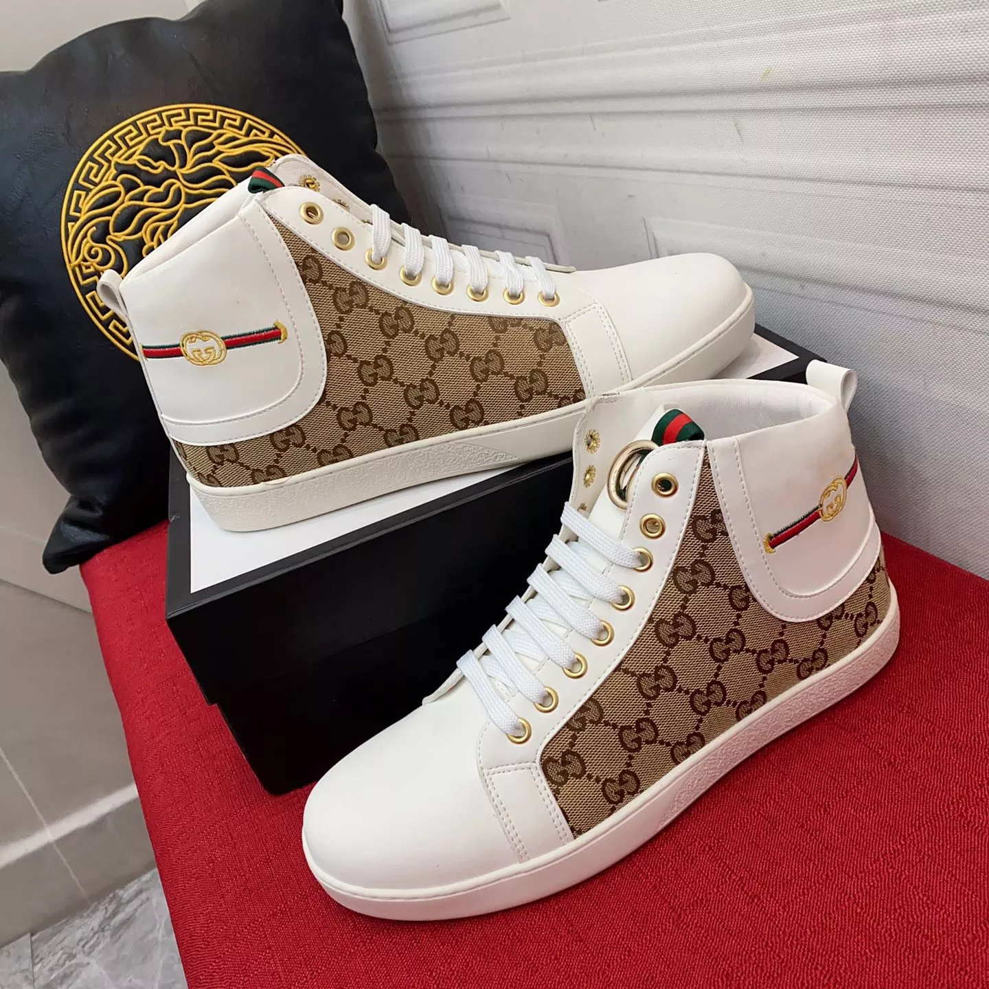 Men's white and brown print leather boots