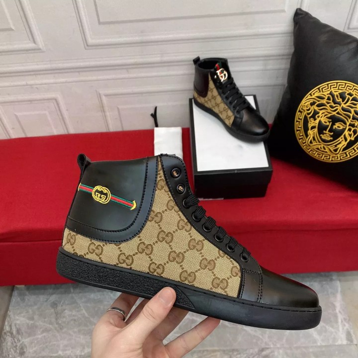 Men's black and brown print leather boots