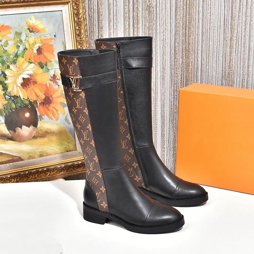 High-top women's boots light luxury letter buckle leather casual flat all-match comfortable and breathable women's shoes