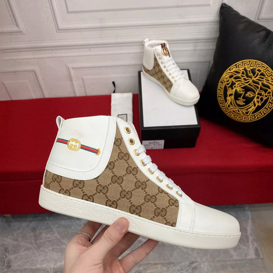 Men's white and brown print leather boots