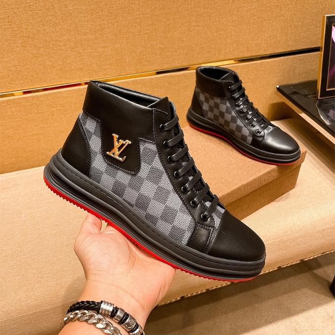 Men's black Leisure printed leather casual mid-top shoes