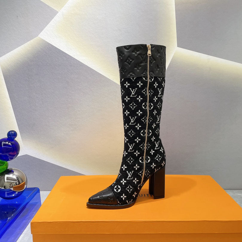 British style knight women's long boots light luxury color matching printing thick heel high heel sleeve locomotive foreign style thin boots S01