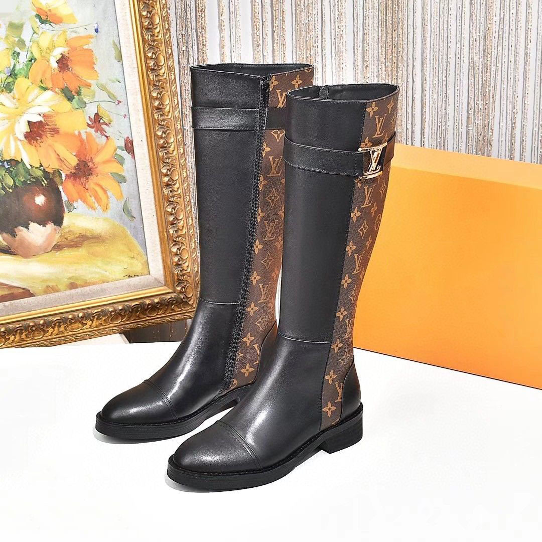 High-top women's boots light luxury letter buckle leather casual flat all-match comfortable and breathable women's shoes