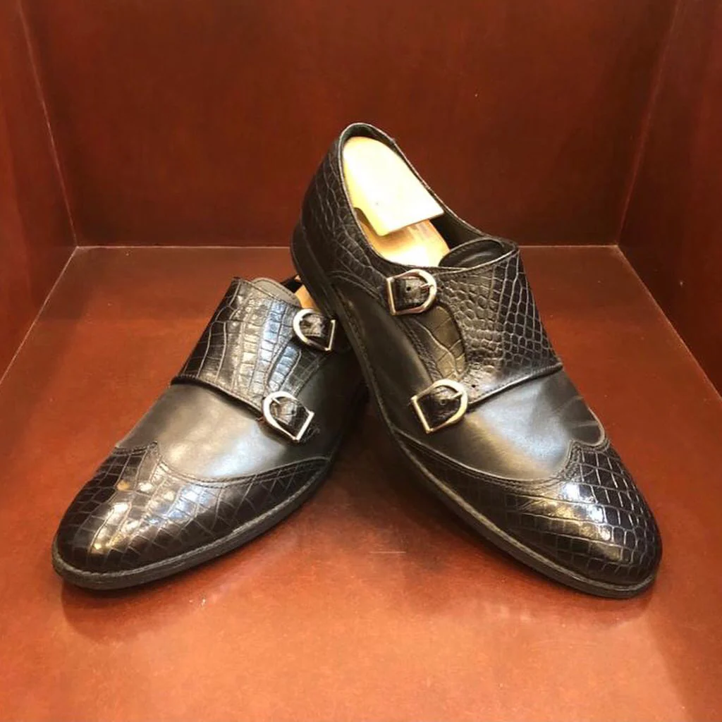 Ferroz Black Croc Monk Strap With Croc Wing Tip Men's shoes