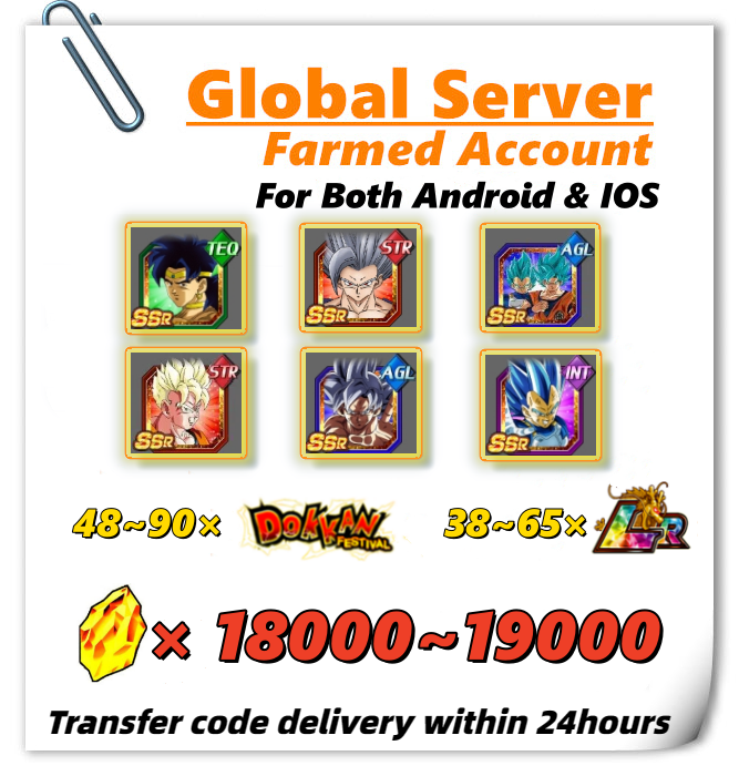 [Global] Dokkan Battle Farmed Account 18000+ DS With 38 LR AGL Gogeta, UI Goku, Pride Vegeta, Beast Gohan, Future Gohan, Teq Broly(new) for Android or IOS