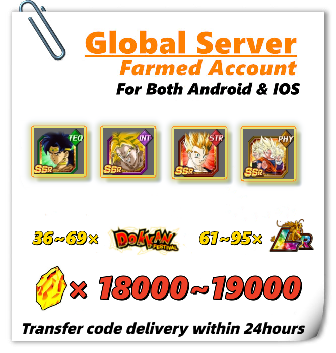 [Global] Dokkan Battle Farmed Account 18000+ DS With 36 LRs Galaxy-Shaking Clash, Legendary Super Saiyan Broly, Super Saiyan Gohan (Teen), Saiyan of a Tragic Fate Broly for IOS or Android