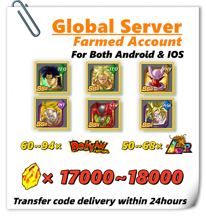 [Global] Dokkan Battle Farmed Account 17000+ DS With 50 LRs Movie Boss Team (very popular) for IOS or Android