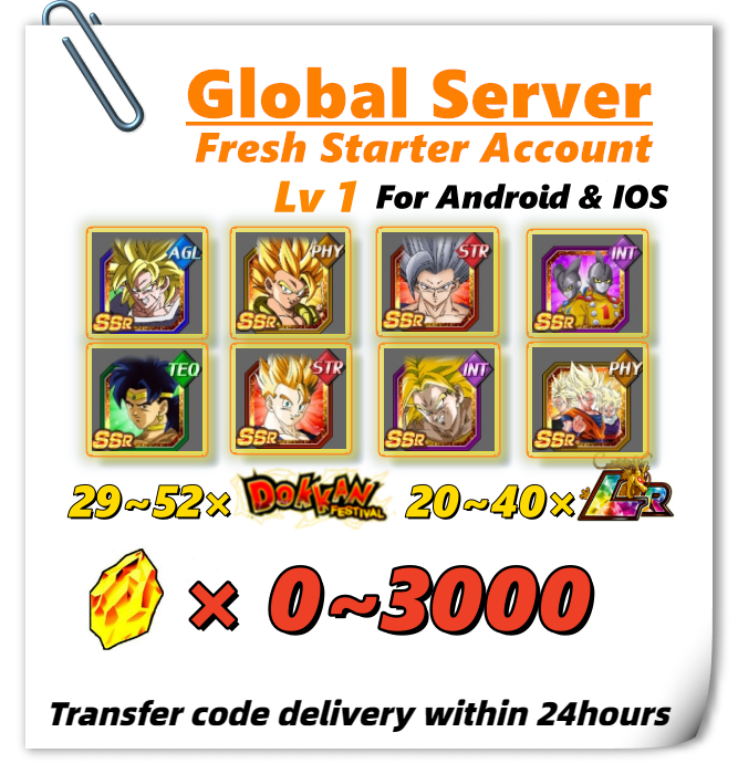 [Global] Dokkan Battle Fresh Account 3000+DS With 20~40 LRs for IOS or Android