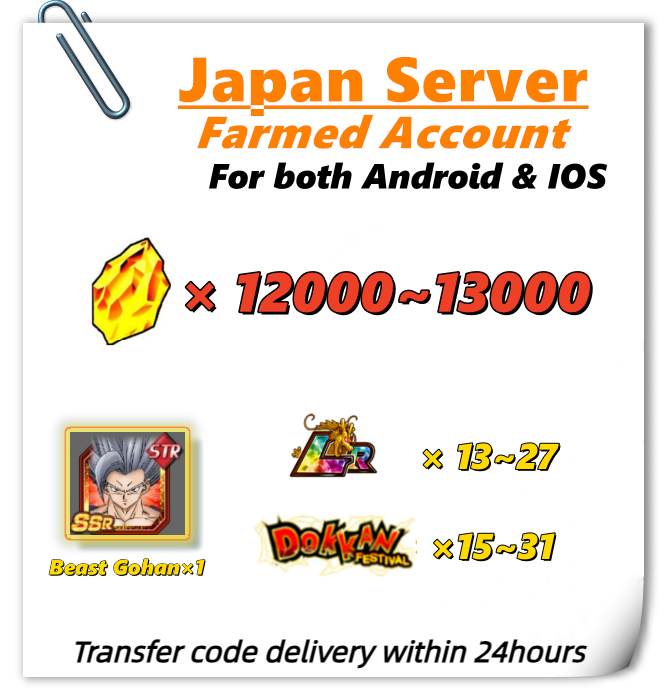 [Japan] Dokkan Battle Farmed Account 12000+ stones Beast Gohan for IOS or Android