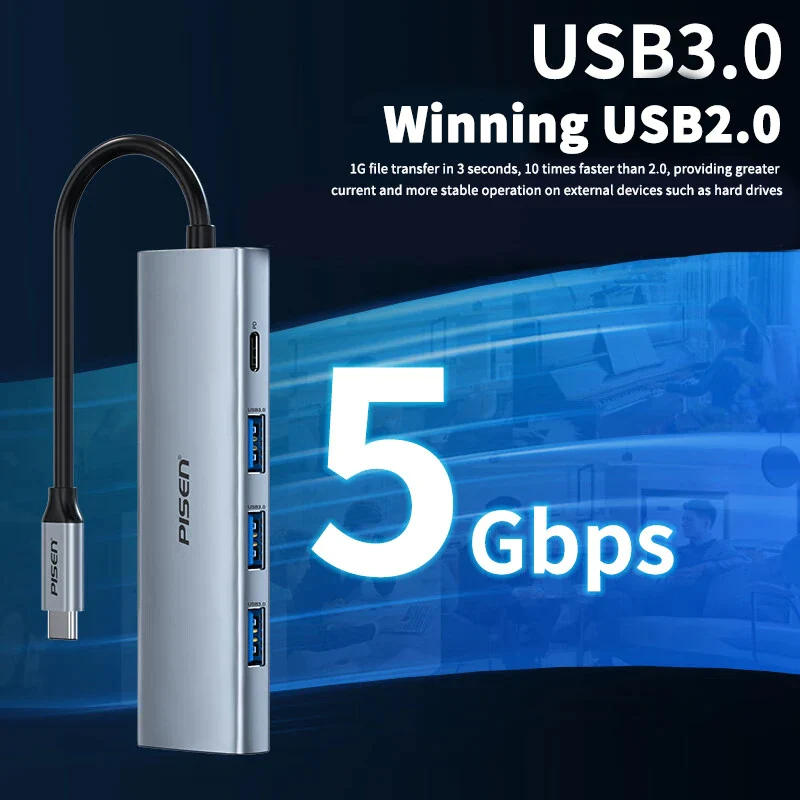 PISEN Docking Station Type C HUB to 4K60Hz HDMI-compatible USB 3.0 Adapter RJ45 PD100W Charge