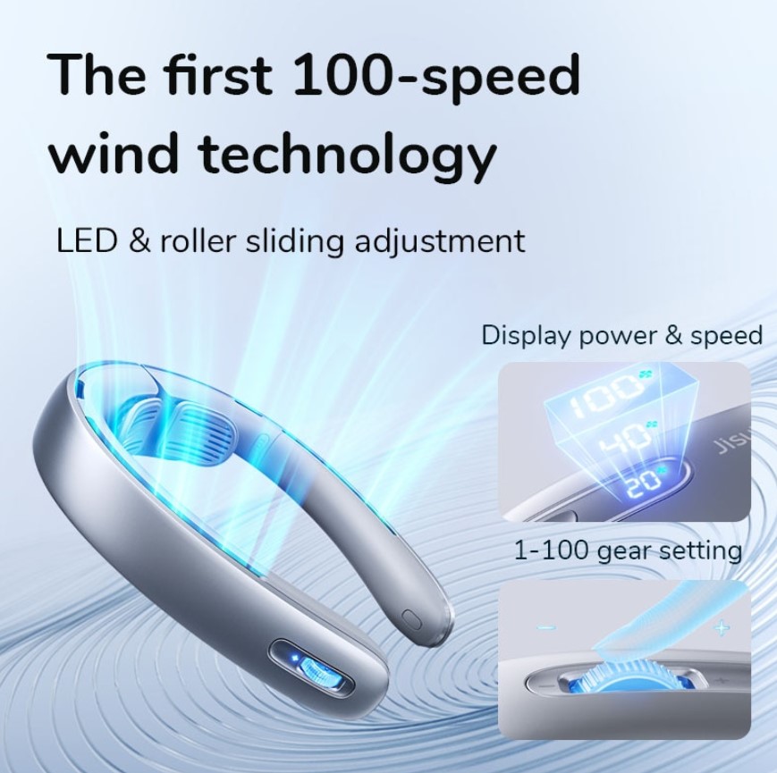 JISULIFE Portable Neck Fan 100 Speed Wind 5000mah Battery 17 Hour Work Time Mini Electric Neck Fan