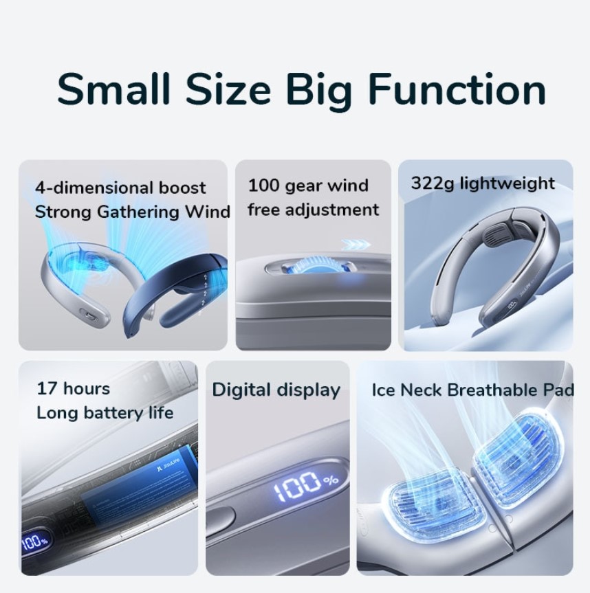 JISULIFE Portable Neck Fan 100 Speed Wind 5000mah Battery 17 Hour Work Time Mini Electric Neck Fan