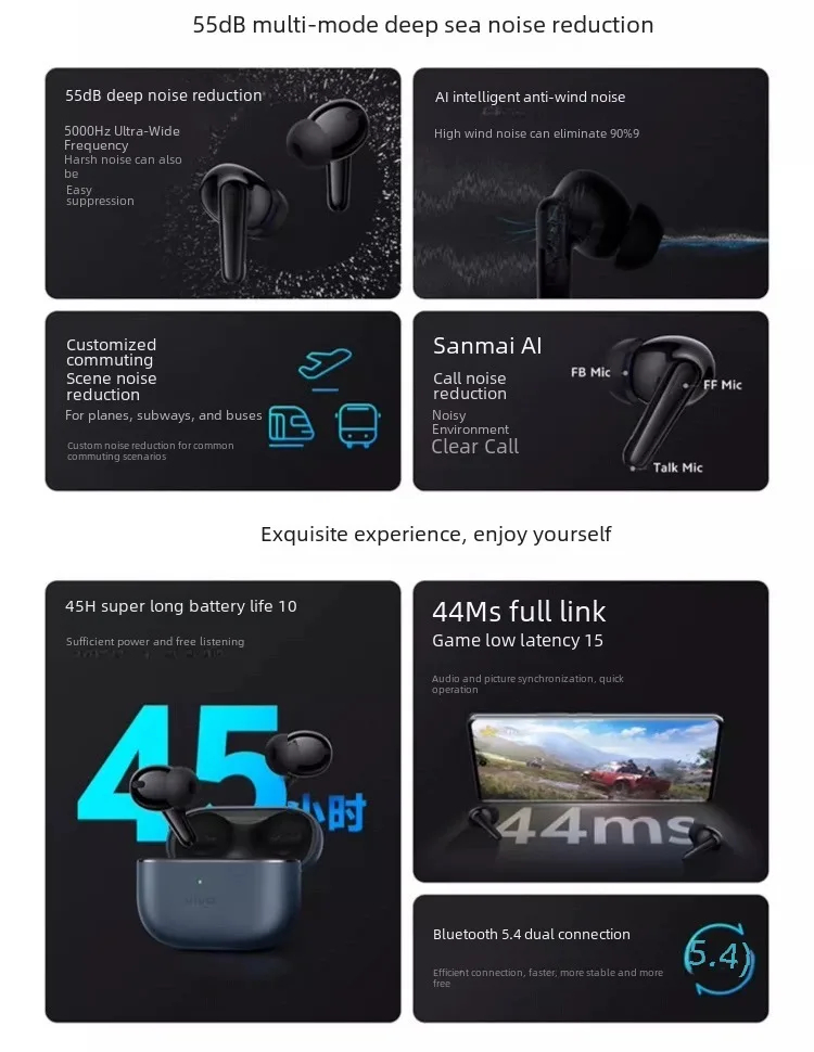 New vivo TWS 4 TWS Earphone 55dB Active Noise Cancelling Wireless Bluetooth 5.4 Headphone 45 Hours Battery Life