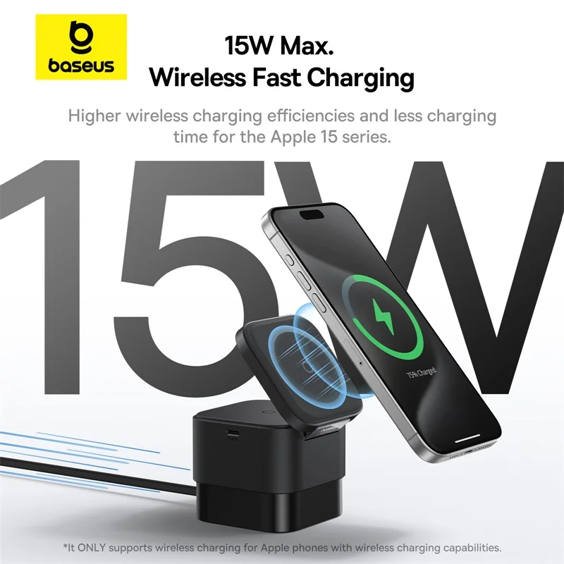 NEW Baseus 25W 2 in 1 Magnetic Wireless Charger Stand 15W Fast Charging Dock Station With Retractable Cable
