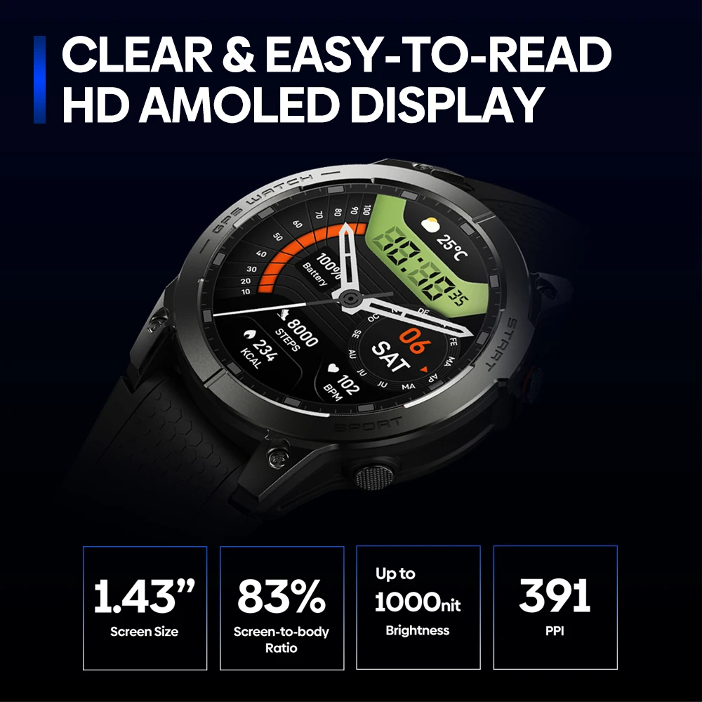 NEW Zeblaze Stratos 3 Pro GPS Smart Watch Built-in GPS & Route Import AMOLED Display Bluetooth Phone Calls