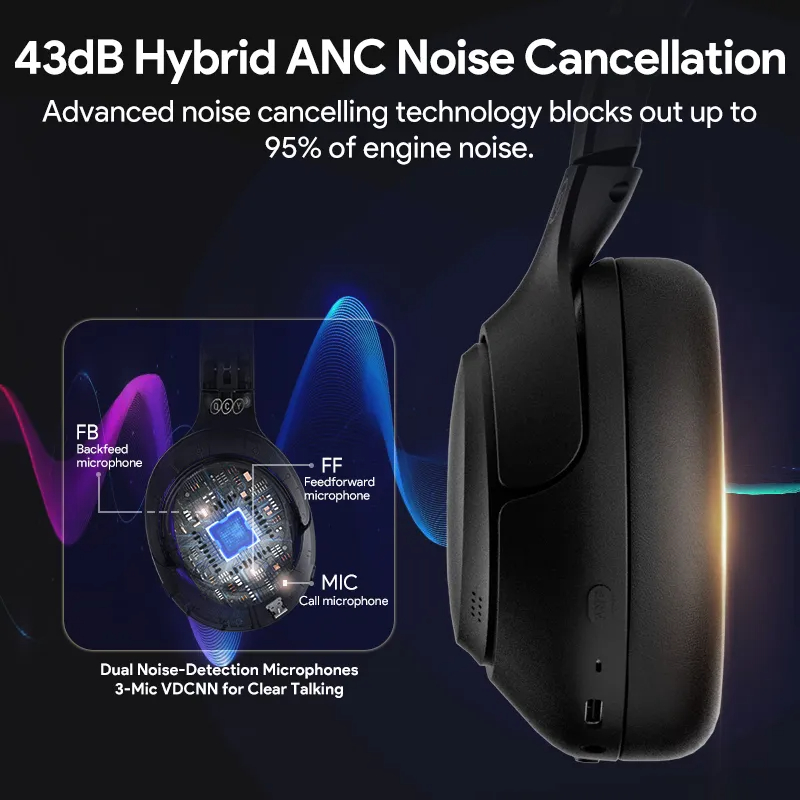 New QCY H3 ANC Wireless Headphones Bluetooth 5.3 Hi-Res Audio Over Ear Headset 43dB Hybrid Active Noise Cancellation Earphones 70H