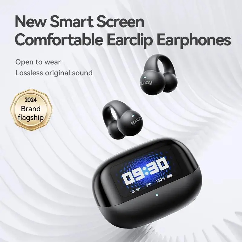 New Sanag S2 Pro AI Smart Screen Bluetooth Earphone Ear Clip Headset Wireless Open Ear TWS Sports Hifi Sound Earclip Earbuds